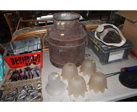 A milk churn AF and a collection of glass ceiling light shades