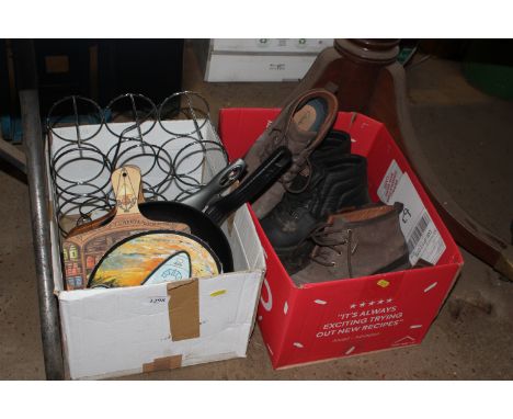 Two boxes containing various kitchenalia and shoes to include Dickies