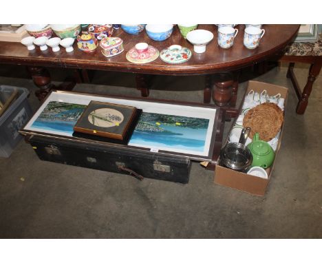 A box of various kitchenalia, a quantity of various prints and a travel case