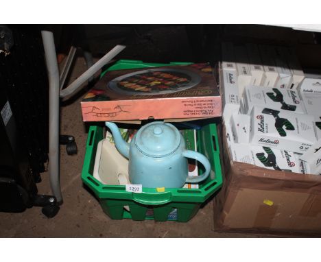 A box containing various kitchenalia to include stove top grill etc.