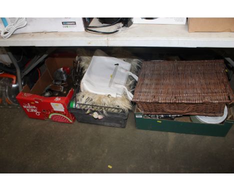 Three boxes containing various bags, wicker hamper, shoes, kitchenalia etc 