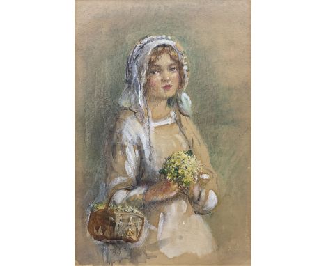 Rowland Henry Hill (Staithes Group 1873-1952): Young Girl with Primroses, watercolour heightened in white signed and dated 19