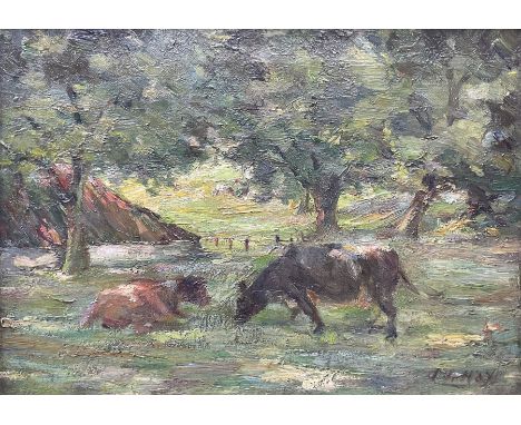 Alec John Hay (Scottish 1878-?): Cows in the Field, oil on canvas signed 27cm x 38cmCondition Report:Good original condition,