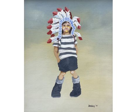 Brian Shields 'Braaq' (Northern British 1951-1997): Self Portrait as a Young Boy with Native American Headdress, oil on canva