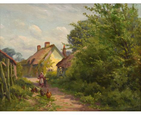 Sidney Valentine Gardner (Staithes Group 1869-1957): Feeding Chickens on a Country Lane, oil on board signed 24cm x 32cm Prov