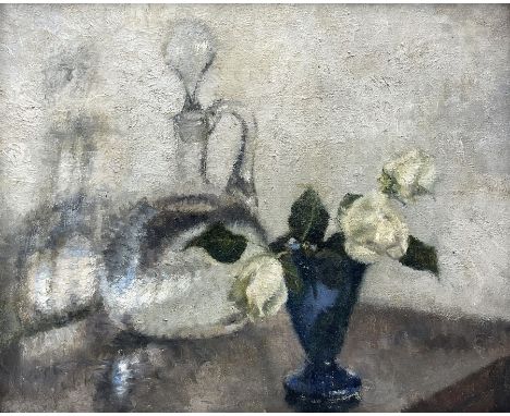 Modern British (Mid 20th century): Still Life - White Flowers and Decanter, oil on canvas unsigned, partial remains of exhibi