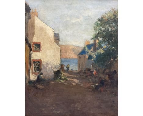 Circle of Mark Senior (Staithes Group 1864-1927): Seaside Cottages with Fisherfolk, oil on canvas possibly signed l.r. 49cm x