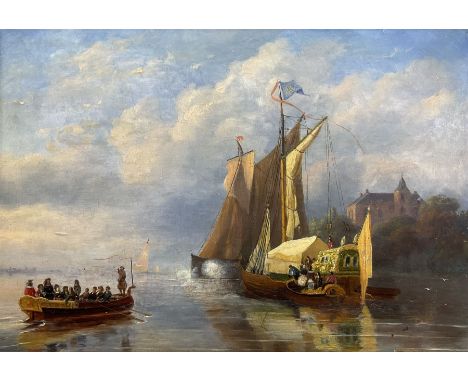Nicolaas Johannes Roosenboom (Dutch 1805-1880): Rowing Boat approaching a Royal Barge, oil on panel signed on flotsam lower r