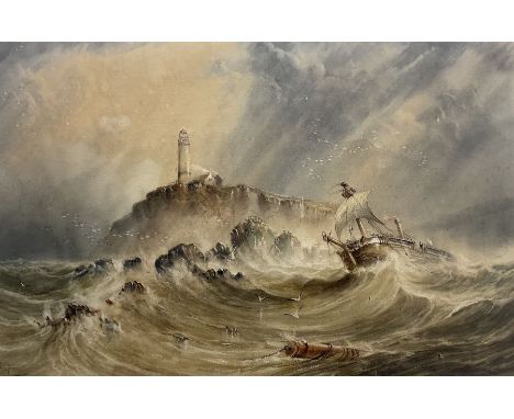John Francis Bland (British 1857-1899): Ship in Distress off Flamborough Lighthouse, watercolour signed and dated 1881, 58cm 