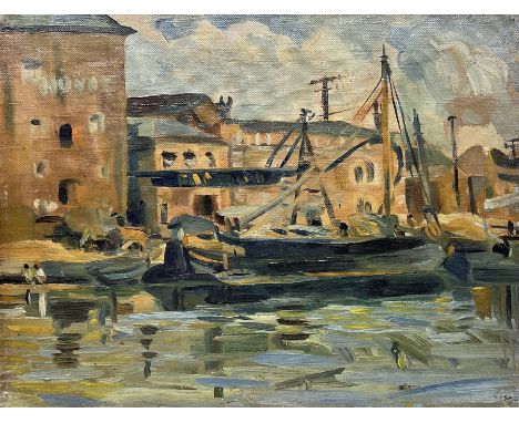 Muriel Metcalfe (British 1910-1994): Loading Boats at the Hovis Factory, oil on canvas, possible remains of signature l.r., a