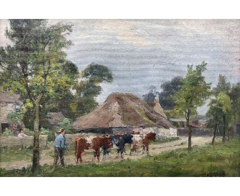 William Greaves (British 1852-1938): Herding Cattle at 'Warlingham - Surrey', oil on canvas board signed, titled verso 23cm x