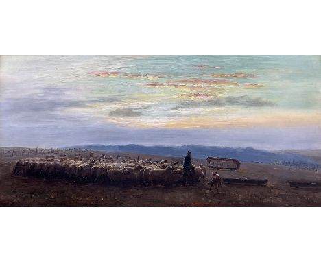 William Luker Jnr. (British 1867-1951): Herding the Flock at Sunset, oil on board signed 18cm x 38cmCondition Report:Good con