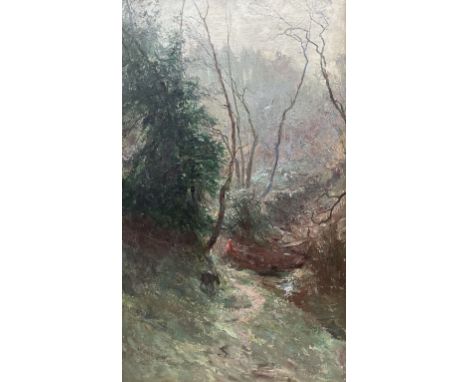 William Cave Day (British 1862-1924): Fisherman by a Woodland Stream, oil on canvas signed 75cm x 45cmCondition Report:Overal
