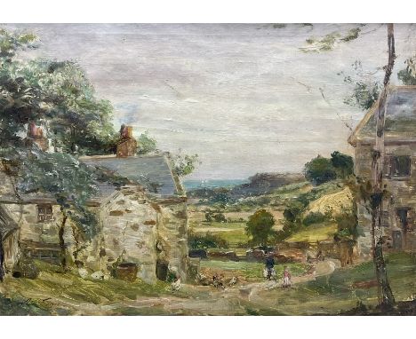 Scottish School (Early 20th century): Country Cottages with Hens and Children, oil on canvas indistinctly signed 39cm x 55cmC