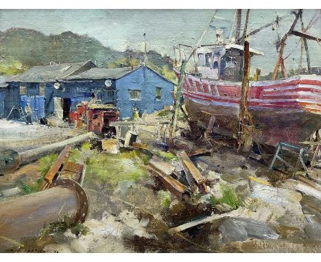 David Jan Curtis (British 1948-): 'Repair Yard in Arisaig', oil on canvas board signed and dated '89, titled verso 34cm x 44c