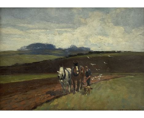 WT Miller (British early 20th century): The Plough Team, oil on canvas signed 29cm x 40cmCondition Report:Good condition, wel