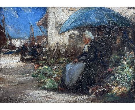Mark Senior (Staithes Group 1864-1927): Elderly Lady outside a Fisherman's Cottage, oil on canvas signed 29cm x 40cmCondition