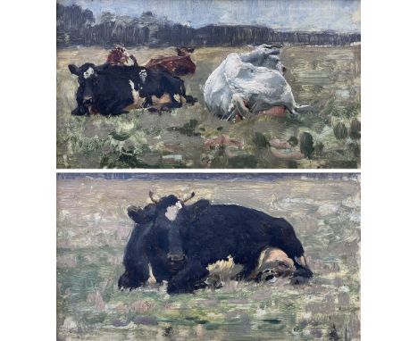 José Weiss (British 1859-1919): Cattle Resting, pair oils on mahogany panel, signed verso 13cm x 23cm (2)Condition Report:Goo