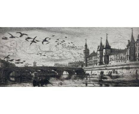 Charles Meryon (French 1821-1868): Le Pont-au-Change (The Exchange Bridge) - Paris, drypoint etching inscribed in the plate 1