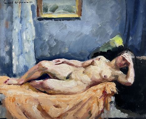 Charles Picart Le Doux (French 1881-1959): Female Nude on a Couch, oil on panel signed and dated '32, 37cm x 45cmProvenance: 