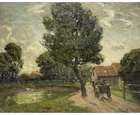 Paul Paul (Staithes Group 1865-1937): Horse Drawn Cart by the Duck Pond, oil on canvas signed 35.5cm x 46cm (unframed)  Prove