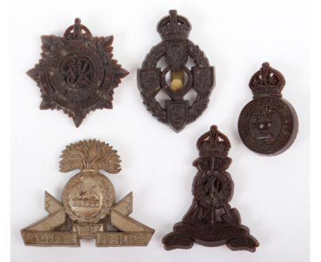* WW2 Lancashire Fusiliers War Economy Cap Badge, with blade fittings to the reverse. Accompanied by plastics for RASC, REME,