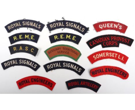 WW2 Printed Cloth Shoulder Titles, including Somerset Light Infantry, Queens, 4x Royal Signals, 2x REME, 2x Royal Engineers, 