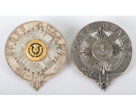 Scots Guards Pipe Majors Headdress Badge, fine quality example of the large headdress badge with gilt and enamel centre. Comp