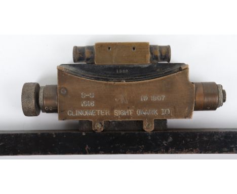 1916 Clinometer Sight Mark II, blackened brass example with spirit level to the top. Mounted onto steel bar. Nicely stamped a