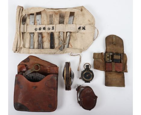 Grouping of WW1 British Equipment, consisting of officers compass, housed in the original 1917 dated leather case; Folding tr