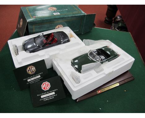 Two Corgi 1:18th Scale Diecast Model MG MGF and MG MGB Sportscars, small parts bagged, wooden display plinths, boxed.