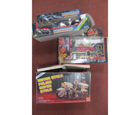 Three Circa 1980's Battery Operated Toys, comprising of 1:6th scale motorcycle Police super cycle, 'Highway Patrol', Chain Fo