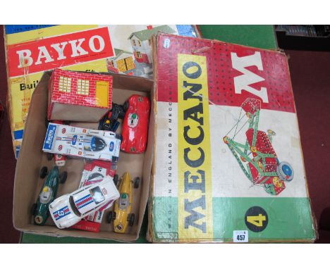 Eight Tri-ang/Scalextric Slot Cars, spares/repairs to include Jaguar D-Type, F Porsche; together with a Meccano Set No.4 and 