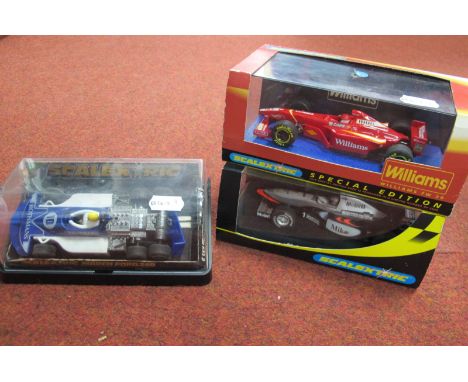 Three 1:32nd Scale Scalextric F1 Slot Cars, #C129 March Ford 240 (damage to rear wing) #C2260 Mclaren Mercedes No. 1, #C2162 