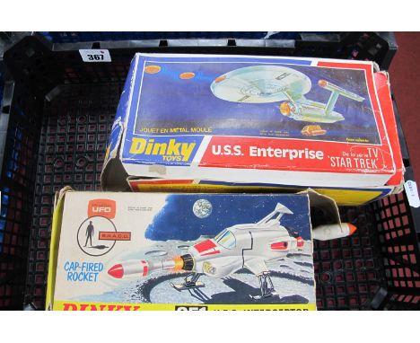 Two Dinky Toys Diecast Model Space Vehicles, comprising of #358 Star Trek U.S.S Enterprise, orange pod and eight missiles pre