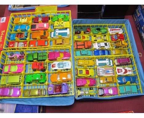 An Early 1970's Matchbox Carry Case, (handle broken) containing forty eight Matchbox and similar diecast model vehicles, pres