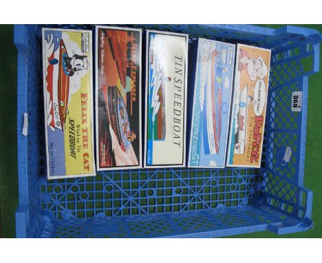 Five Circa 1990's Wind Up Tinplate Model Speedboats, by Schylling including Felix The Cat, Popeye, Mars Explorer, boxed.