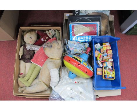 Four Well Loved Soft Toys, to include a vintage jointed Teddy Bear measuring approximately 50cm high, two rag dolls, together