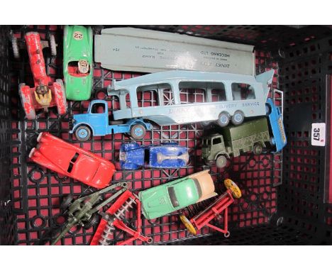 Eleven Dinky Toys Diecast Model Vehicles/Farm Machinery Accessories, to include Massey Harris tractor, Pullmore car transport