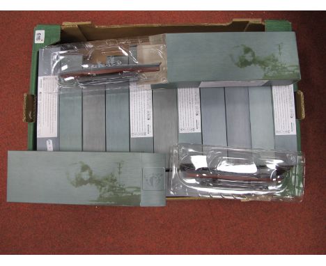 Fourteen Atlas Editions Diecast Model Warships, including Tirpitz, HMS Vanguard, HMS Exeter, HMS Nelson, all boxed.