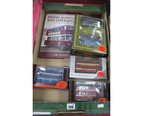 Five 1:76th Scale Diecast Model Trams, Bus, by EFE including V.E Day 50th Anniversary Commemorative Set, #13402 Leeds Transpo