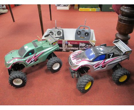 Two Tamiya 1/10th Scale R/C "Dual Hunder" Sports Vehicles, with controllers (may not be compatible), playworn, components not