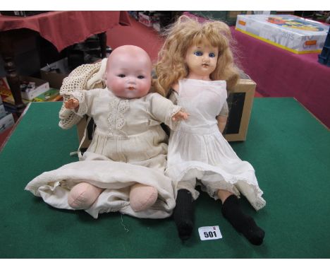 Two Adapted Vintage Dolls, to include a Bisque Headed doll marked A.M, cloth body, plastic hands (damaged).