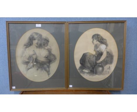M. Simey, two oval pencil sketches of mother and child and a young girl, one dated 1878, framed 