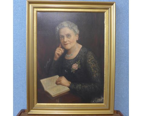 English School, portrait of a lady reading, oil on canvas, framed 