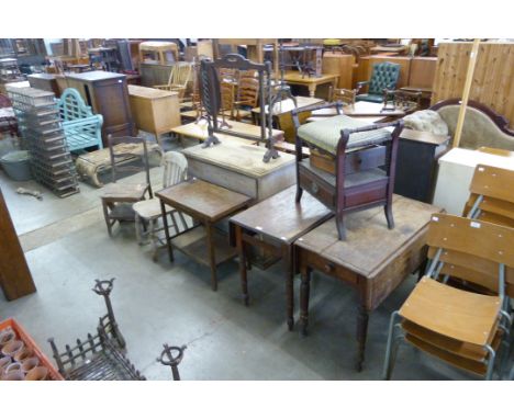 Two Victorian mahogany Pembroke tables, a piano stool, an oak folding card table and a pine chest of drawers 