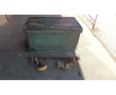 A Victorian painted pine tool chest, including various tools 