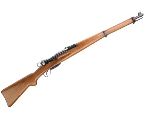 Full length stock, bayonet lug, forend band with sling ring, barred cut-out in stock for sling mount. Block mounted, part-shr