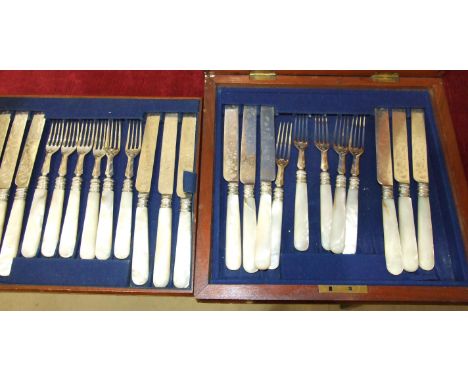 A cased set of twelve each mother-of-pearl-handled dessert knives and forks, a collection of plated cutlery and a small colle