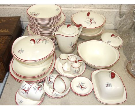 A collection of Crown Devon 'Stockholm' decorated tea and dinnerware, comprising 9 plates 24.5cm, 10 plates 22cm, 10 plates 1